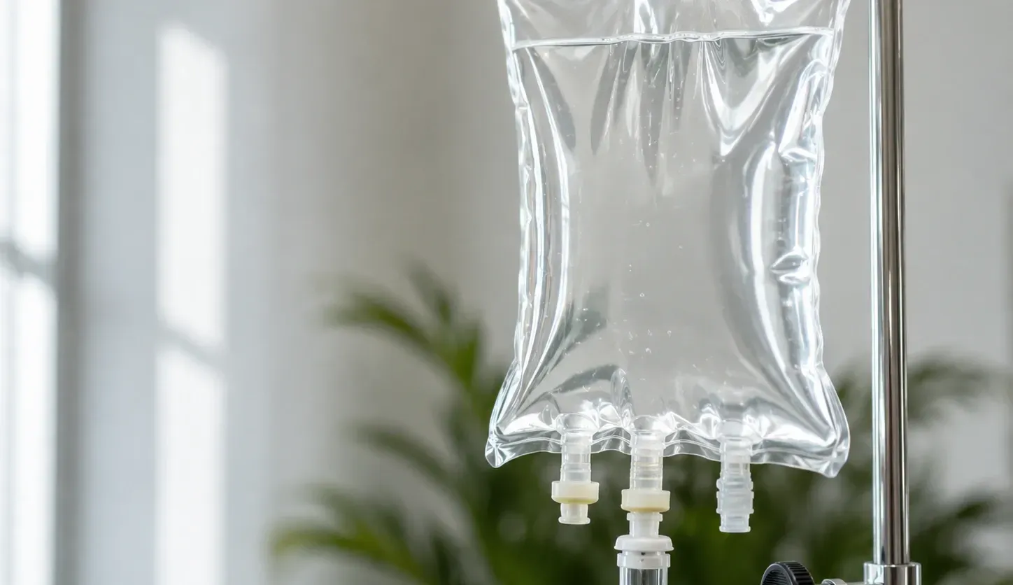 Close-up of a clear IV hydration drip bag hanging on a stand in a clean medical setting, representing professional IV therapy.