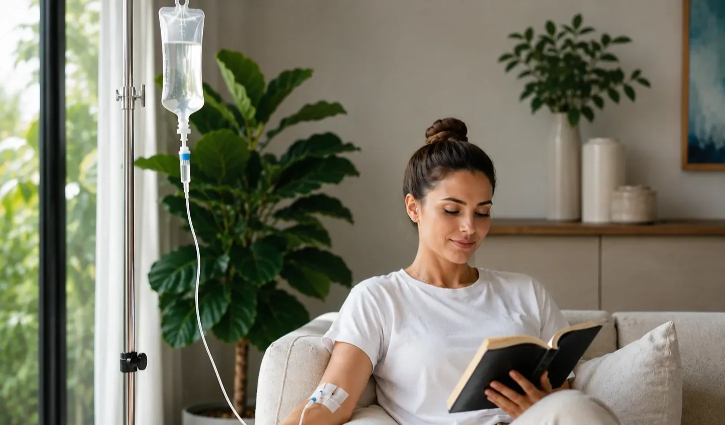 Relaxed woman receiving IV hydration therapy at home while reading a book on a comfortable couch with a professionally connected IV drip in a bright, modern living room.