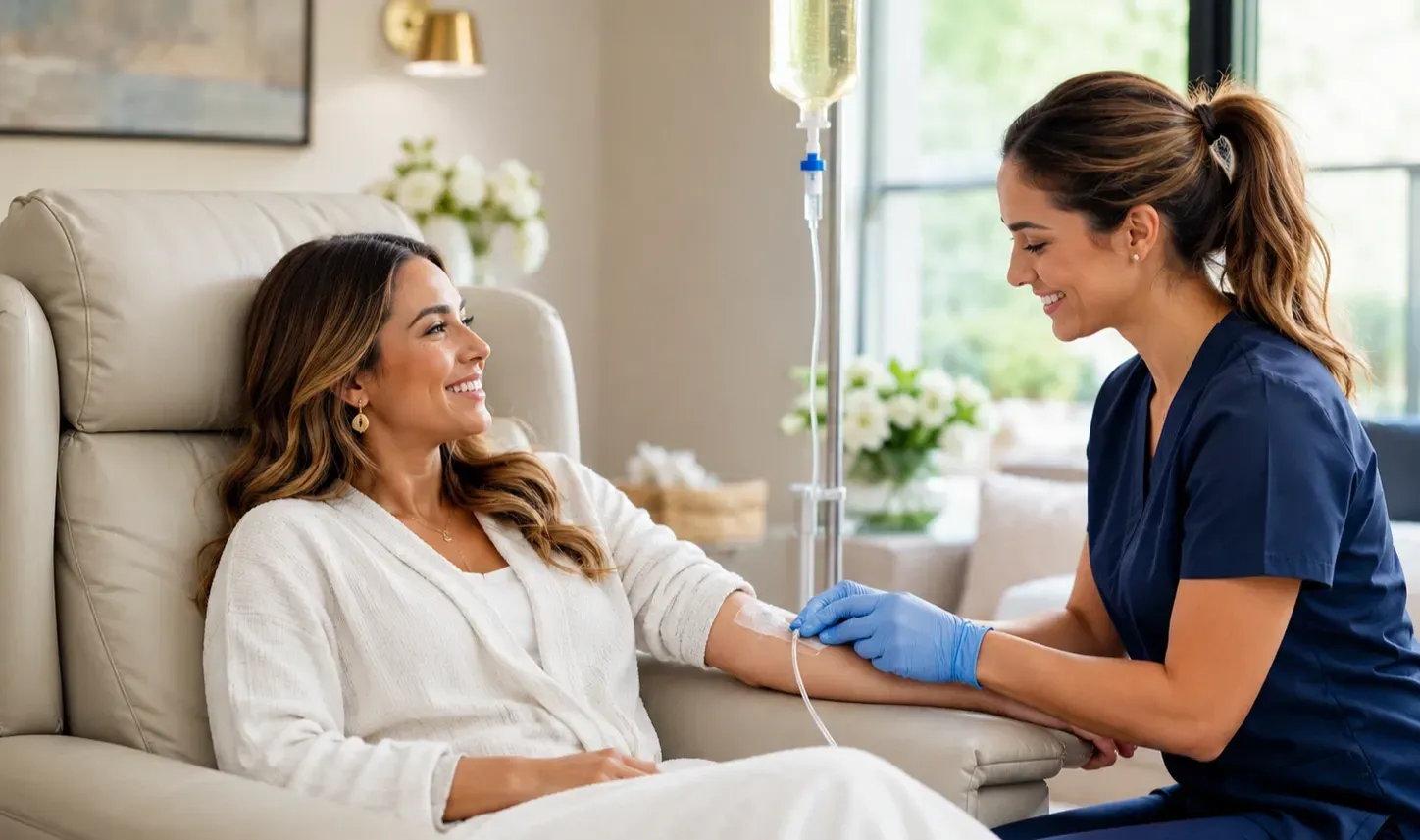 Patient receiving IV hydration from a nurse in a bright, comfortable wellness clinic.