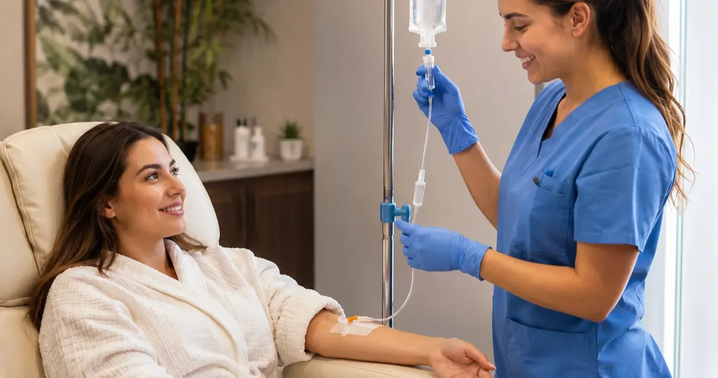 Medical professional administering IV hydration therapy to a relaxed patient reclining in a comfortable chair at a modern wellness clinic with natural lighting.