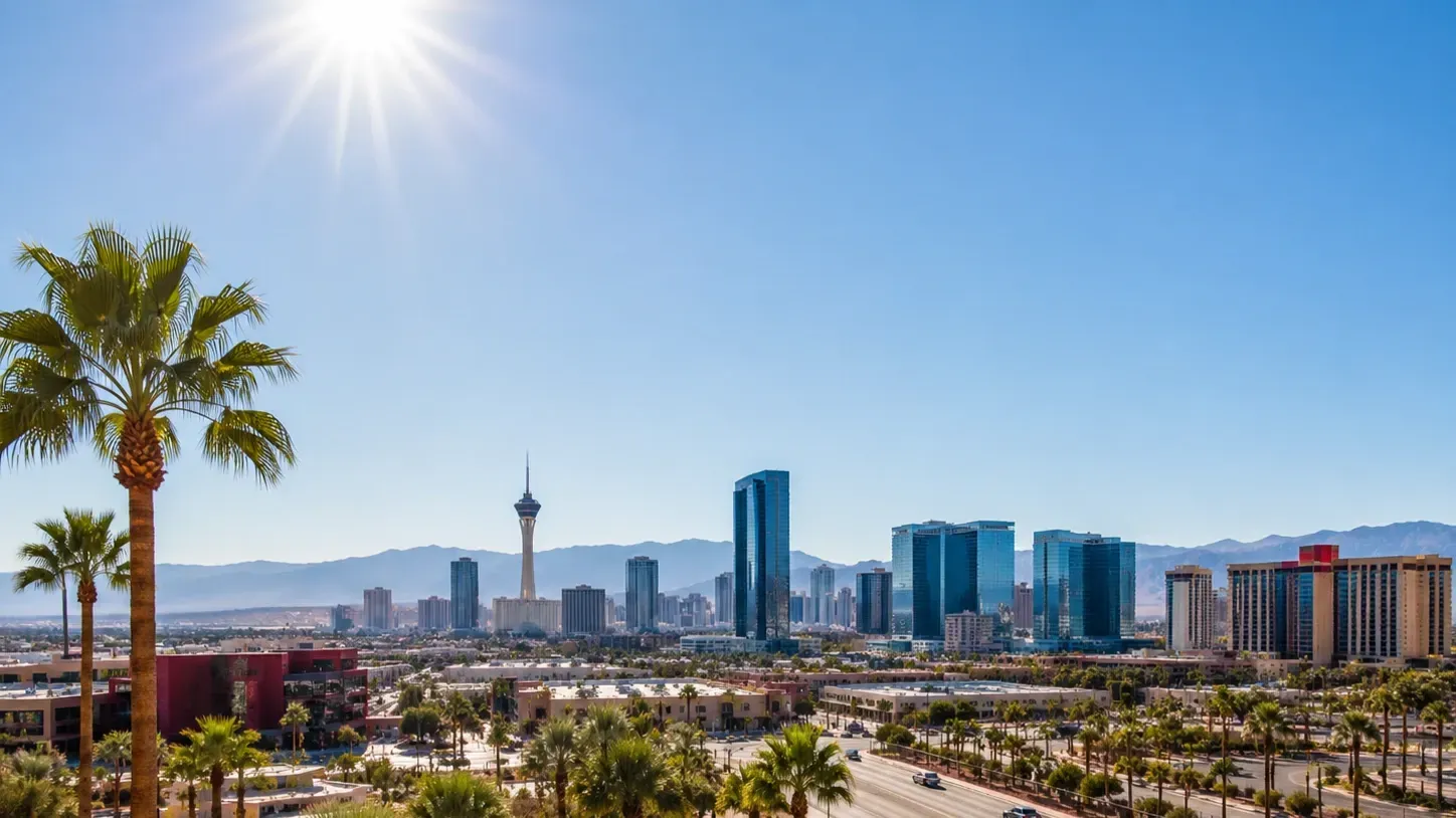 IV hydration inspiration with a sunny Las Vegas skyline, symbolizing wellness and hydration.