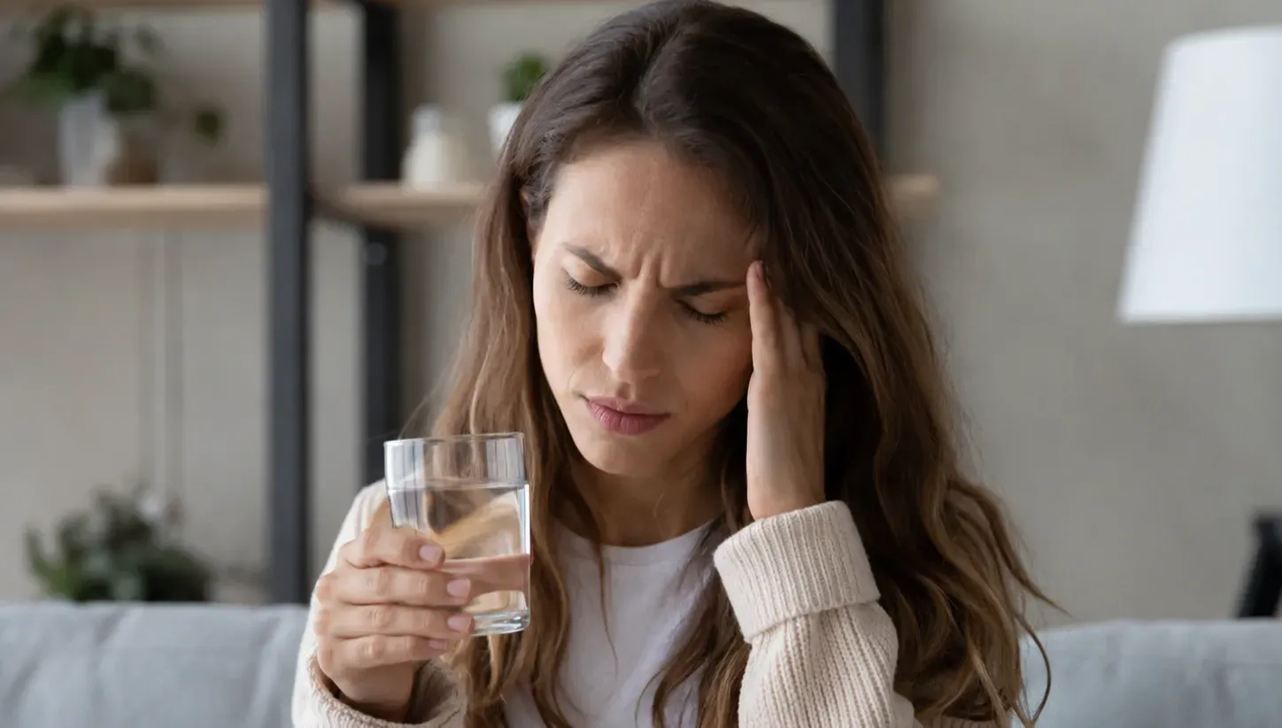 A person experiencing a dehydration headache holds a glass of water while gently touching their temples, illustrating the importance of hydration for relieving headache symptoms. The clean, naturally lit setting highlights the connection between proper fluid intake and overall wellness, making it an ideal representation of IV hydration support for rapid rehydration and hydration-related relief.