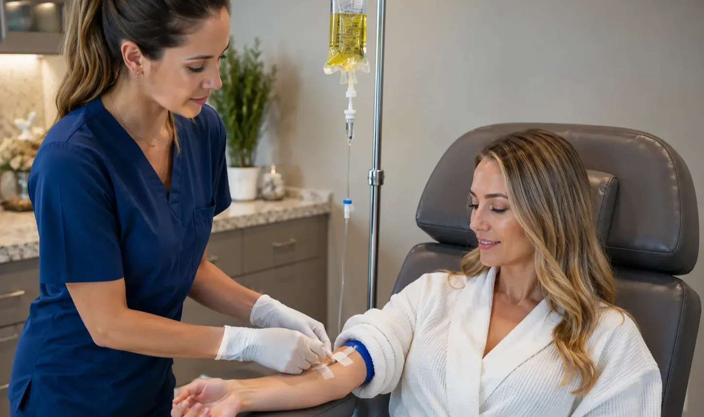 Professional nurse administering a customized vitamin IV hydration treatment to a relaxed patient in a modern wellness clinic. The patient sits comfortably in a reclining chair while receiving a nutrient-rich IV drip in a clean, bright medical spa environment with natural lighting and a calming atmosphere.