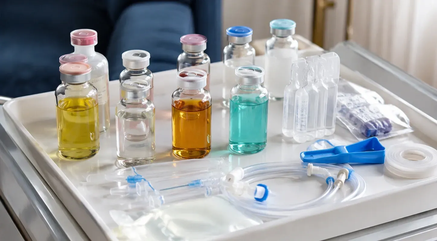 Organized IV vitamin vials and medical supplies neatly arranged on a clean tray for a professional Mobile IV Drip service.