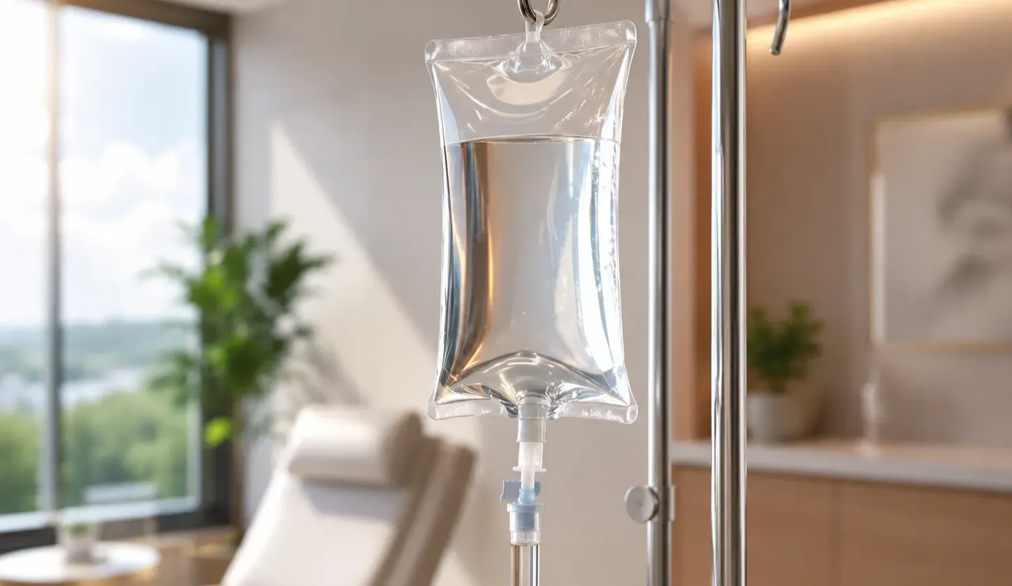 Close-up of a clear IV drip bag hanging from a medical stand in a bright, modern wellness clinic with soft natural light and a blurred treatment chair in the background.