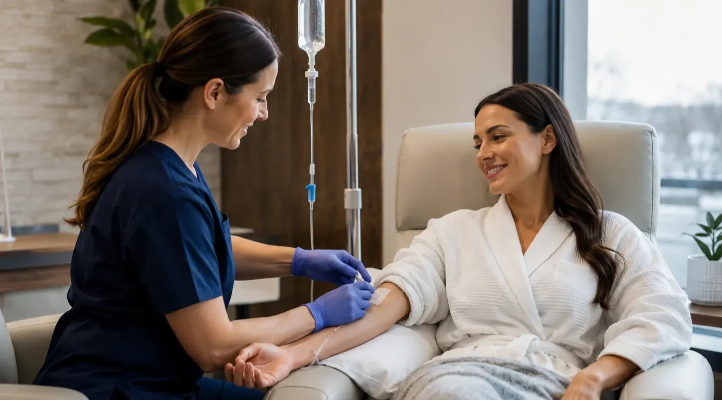 Healthcare professional administering an IV drip to a relaxed patient in a comfortable chair at a modern wellness clinic.