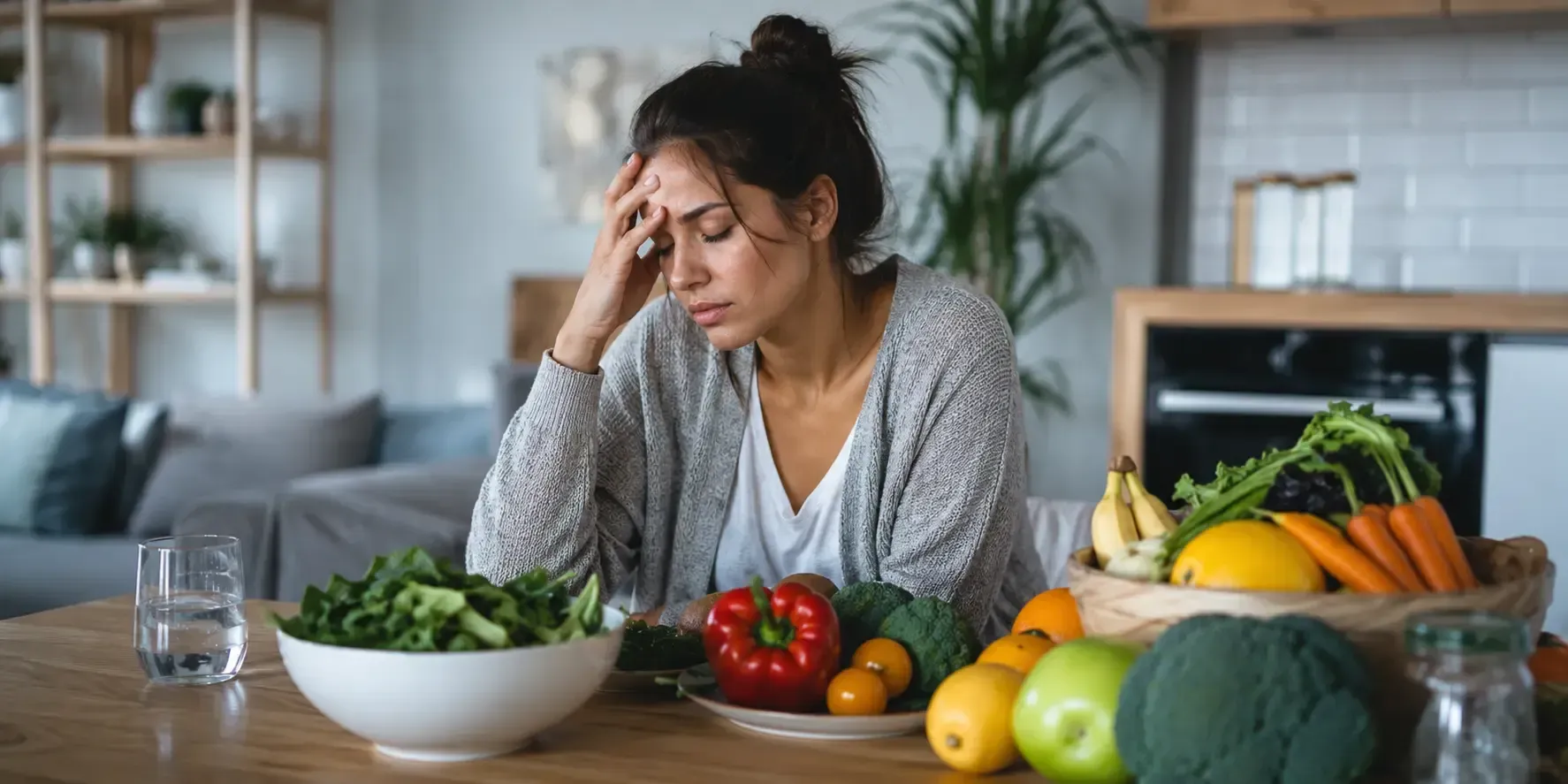Stressed woman surrounded by healthy foods, reflecting challenges with nutrition and hydration.