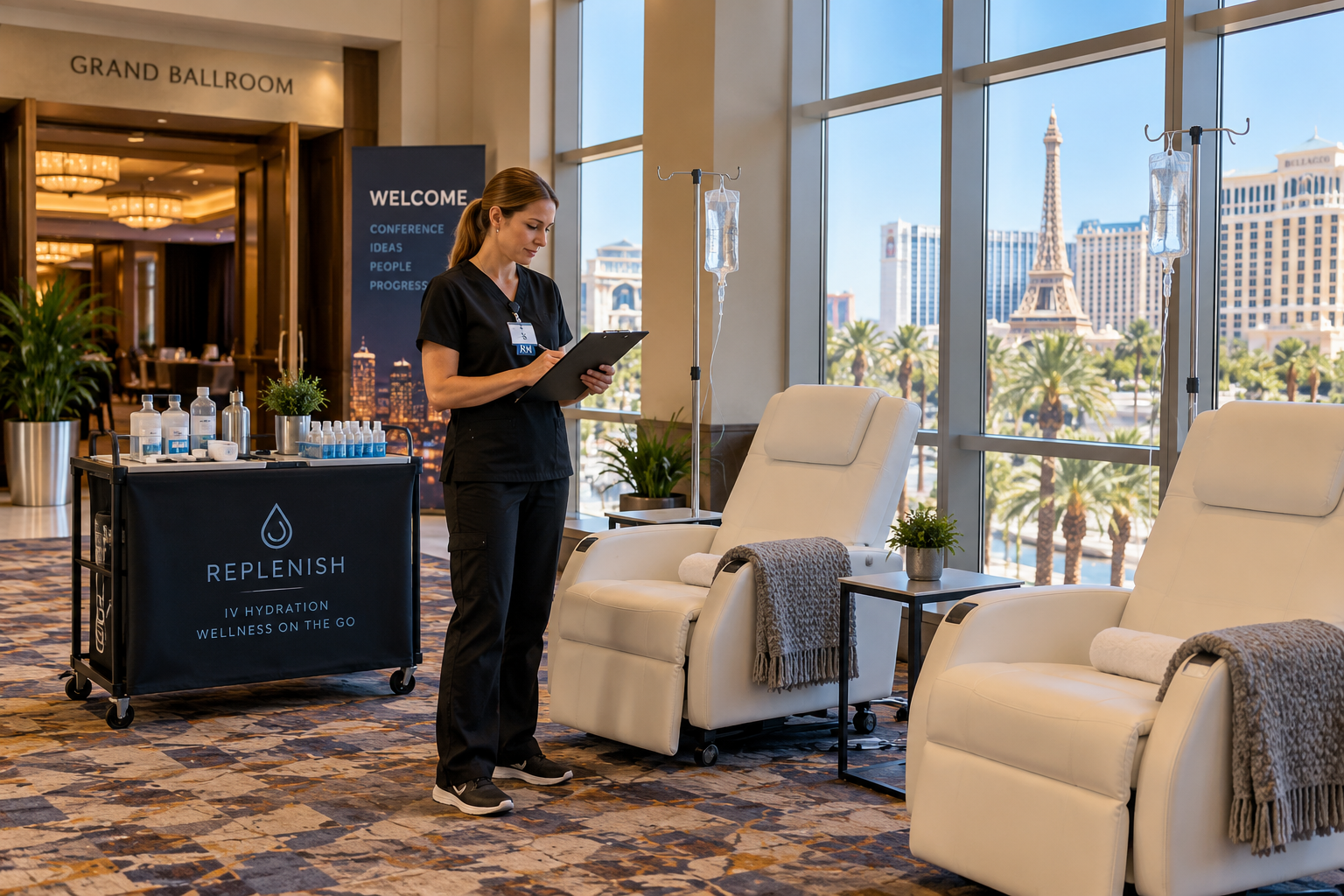 Hotel spa reception with staff member beside lounge chairs and a city skyline view through large windows