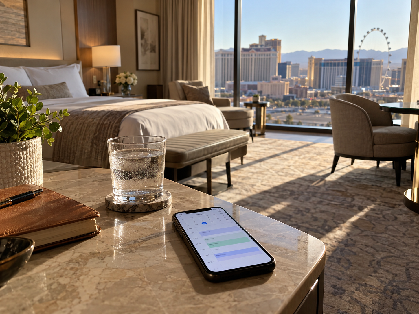 Hotel room with city skyline view, bed, lounge chair, and smartphone on a marble table.