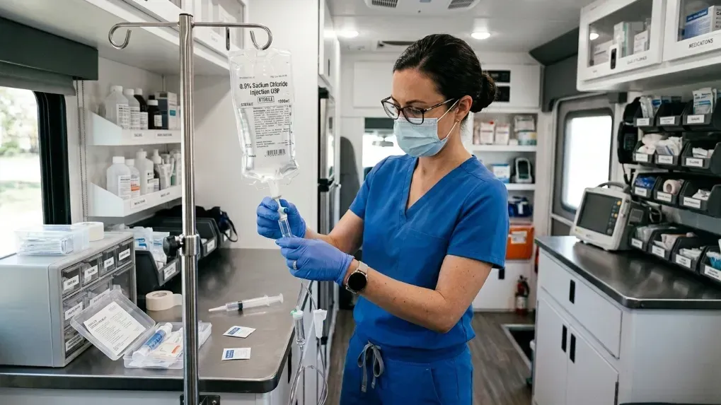 Medical professional preparing a sterile IV bag for a mobile wellness treatment
