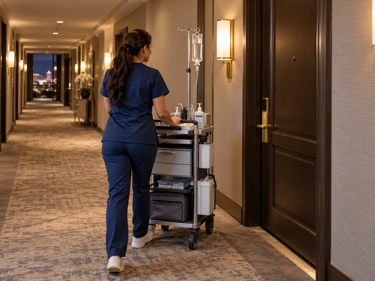 Hotel hallway with a housekeeping cart and a staff member in navy uniform cleaning rooms