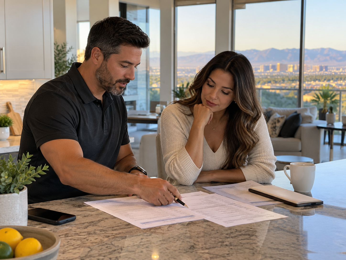 Two people reviewing documents at a kitchen counter with a laptop and coffee, mountains visible through a window