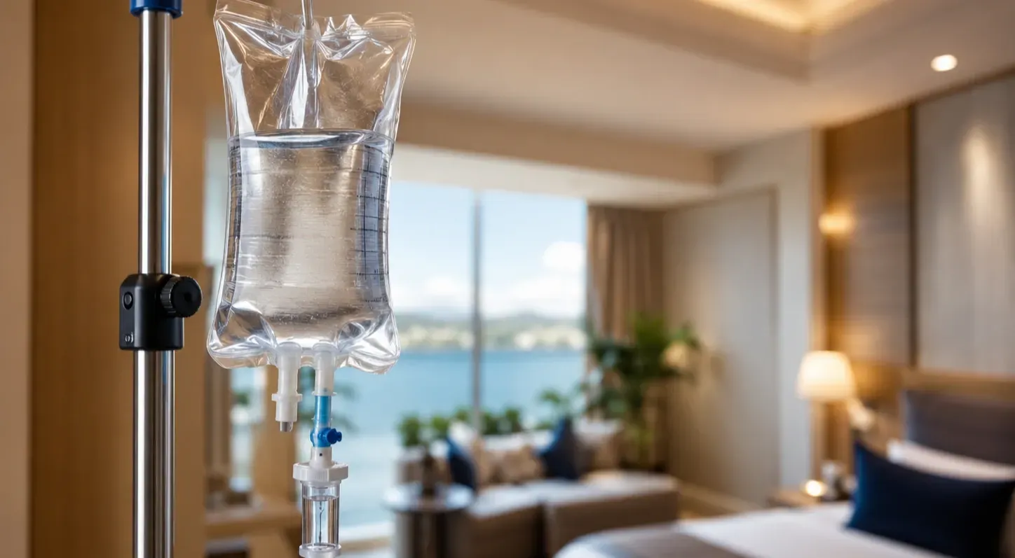 Close-up of a clear IV fluid bag hanging from a medical pole in a modern hotel room, representing professional mobile IV therapy with a bright, clean, and relaxing setting.