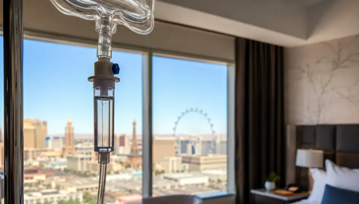 A close-up of clear IV tubing prepared for mobile IV drip therapy, with the tubing in sharp focus against a softly blurred modern Las Vegas hotel room. Natural lighting and a shallow depth of field create a clean, professional healthcare setting, highlighting the convenience of receiving IV hydration therapy in the comfort of a hotel.