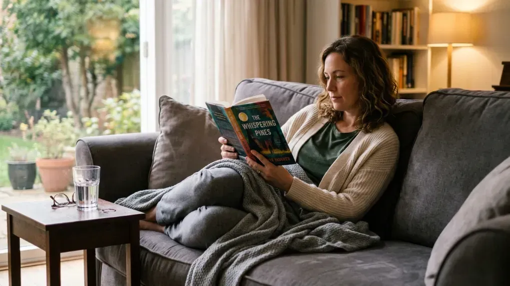 person relaxing on a comfortable sofa reading a book with a glass of water nearby