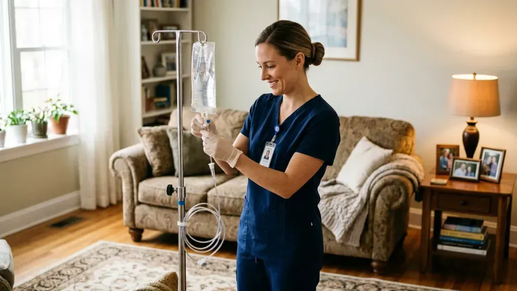 smiling nurse setting up an IV bag in a comfortable living room