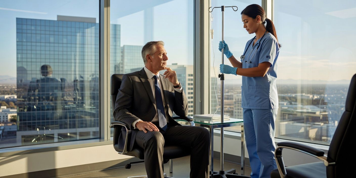 Doctor checking a seated patient in a bright office with city windows