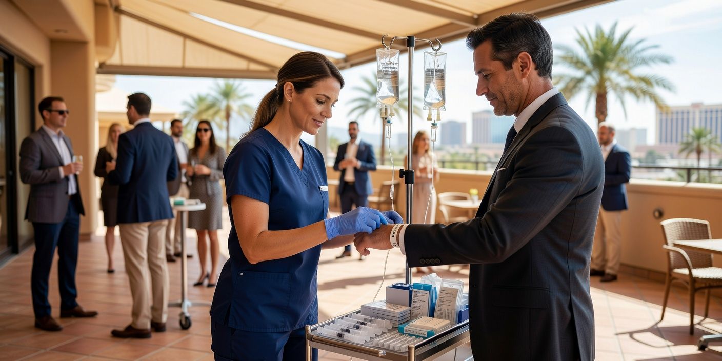 Two people exchange a card at an outdoor business event under a tent, with other attendees in the background.