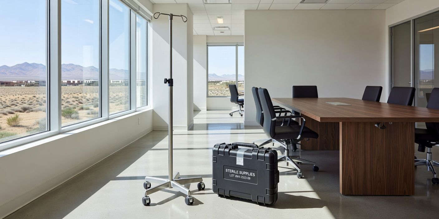 Bright conference room with large windows, wooden table, black chairs, and a wheeled camera light stand.
