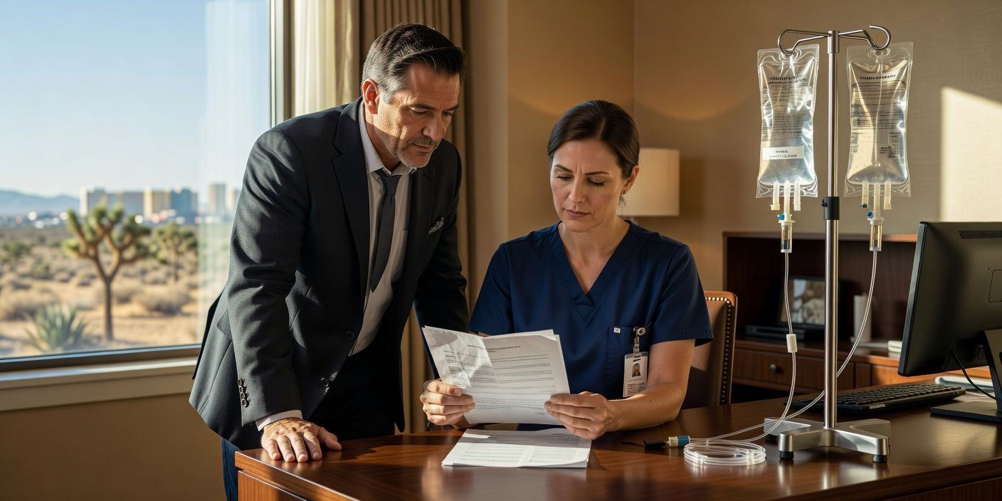 Two professionals reviewing documents at a desk in an office with a city view.