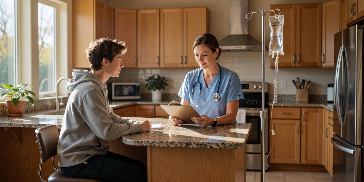Two women chatting at a kitchen island, one in a blue top with a clipboard, in a bright home kitchen.