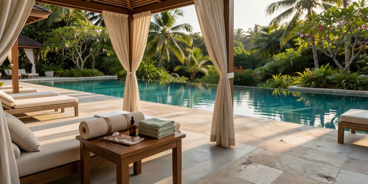 Luxurious tropical poolside cabana with cushioned lounge chairs, curtains, and palm trees beside turquoise water