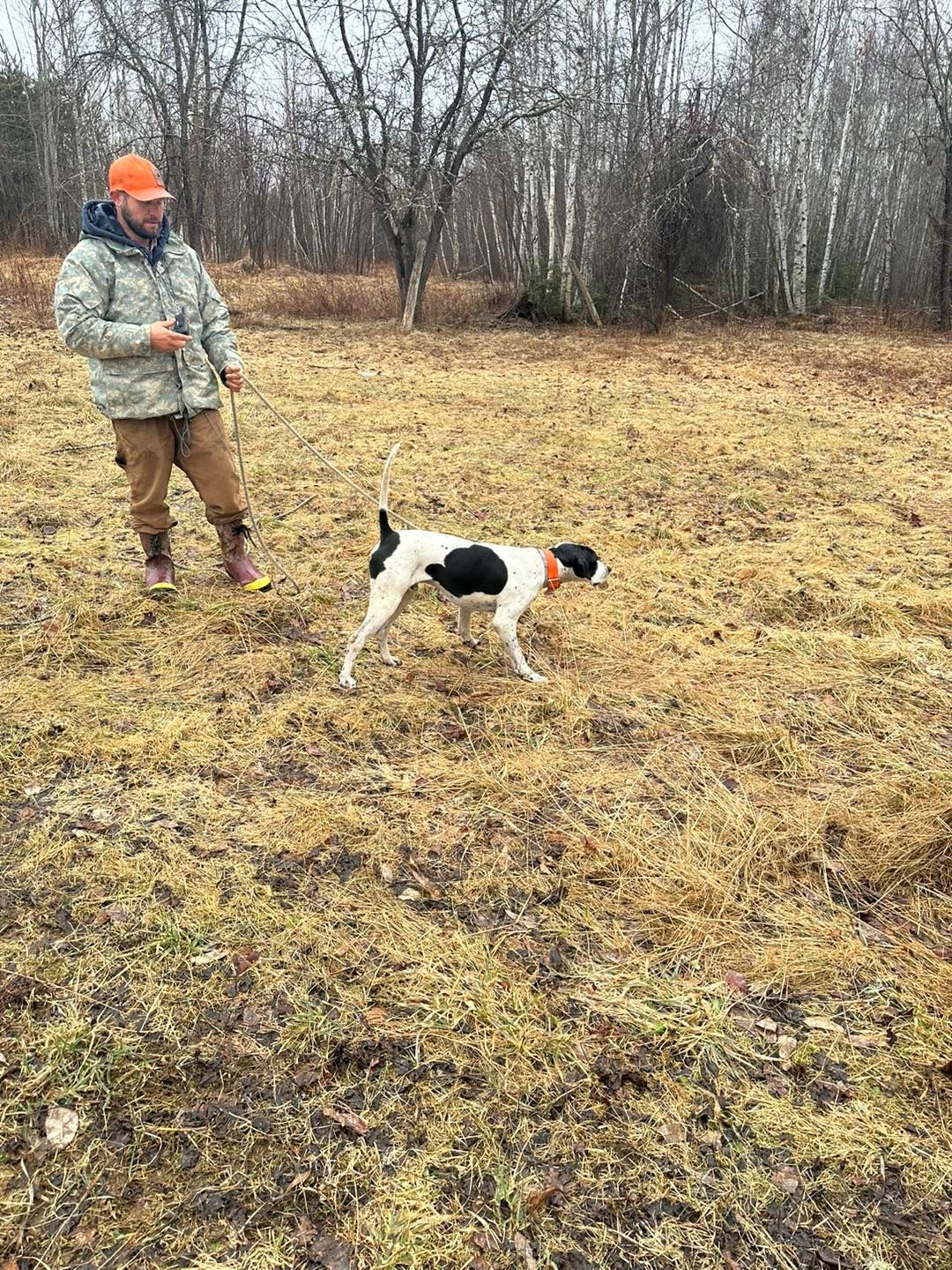 A man is standing next to a dog in a field.