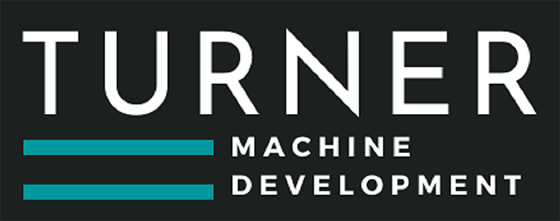 Turner Machine Development logo with white text and turquoise lines.