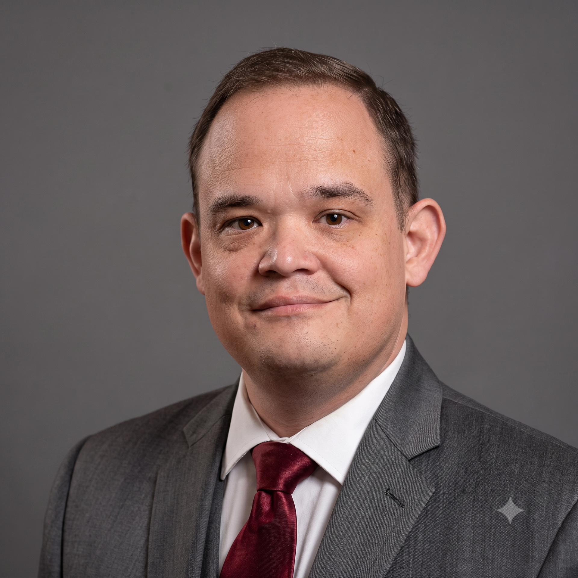 Smiling man in red shirt and tie at church altar.