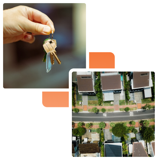 A hand holding a pair of keys next to an aerial view of a residential area