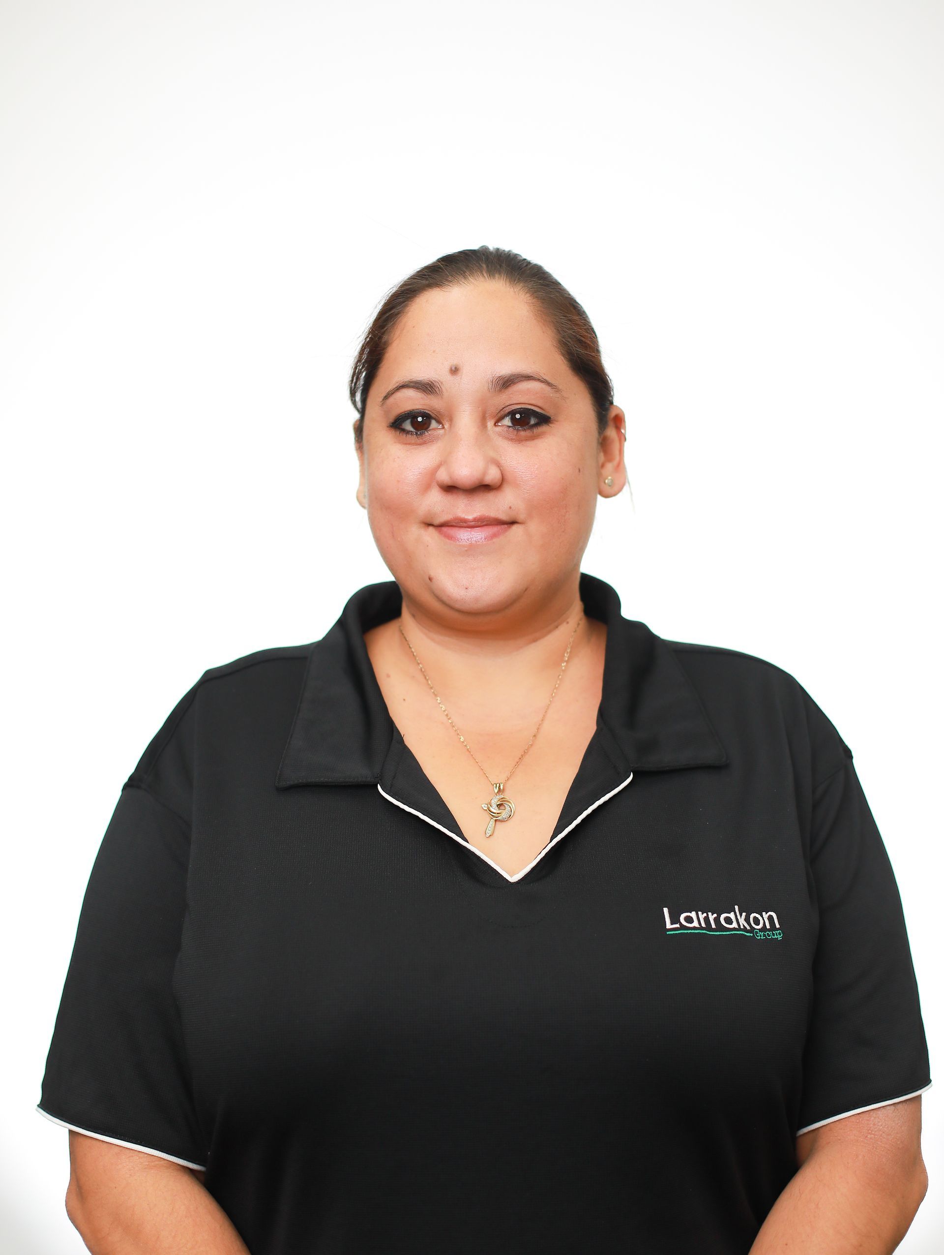 A woman wearing a black shirt with the word landy on it