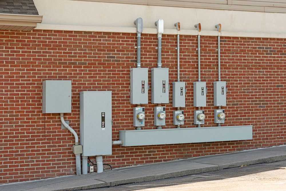 Electrical meters and breaker boxes mounted on a red brick building exterior.