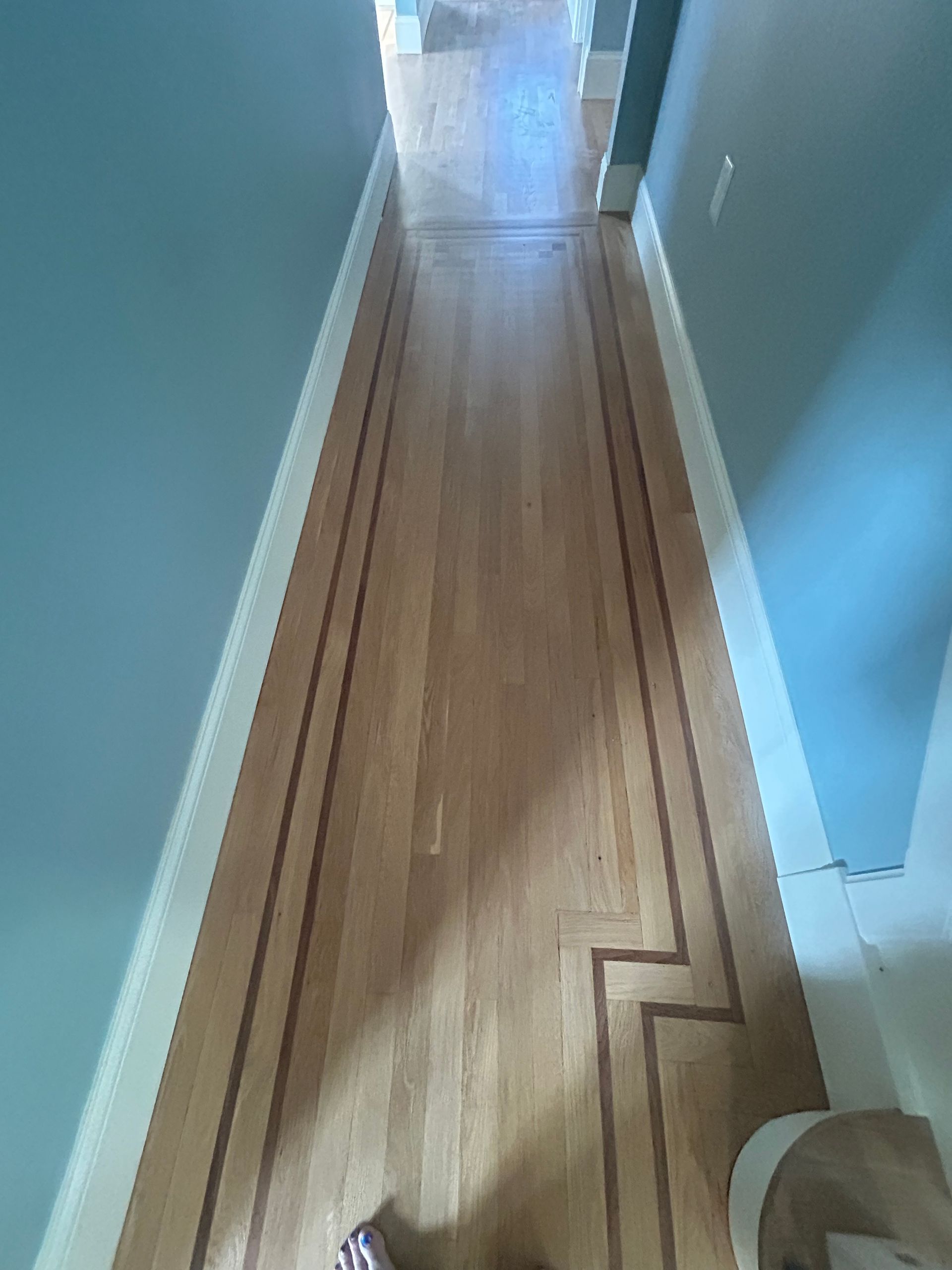 Narrow hallway with light wood flooring, teal walls, and bright light at the far end