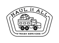 Haul It All trash services logo with a truck and globe icon, black and white