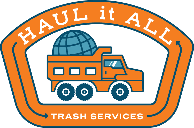 Haul It All trash services logo with orange truck and blue globe icon