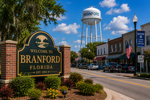 Welcome to Branford, Florida sign on a small-town street with water tower and storefronts
