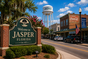Welcome to Jasper, Florida sign with downtown street and water tower in the background