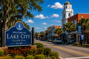 Welcome to Lake City, Florida sign on a sunny downtown street with historic buildings and clock tower