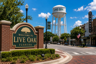 Welcome to Live Oak, Florida sign with water tower and street view on a sunny day