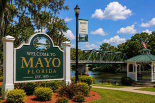 Welcome sign for Mayo, Florida by a river and bridge on a sunny day