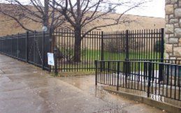 A black metal fence surrounds a lush green field.