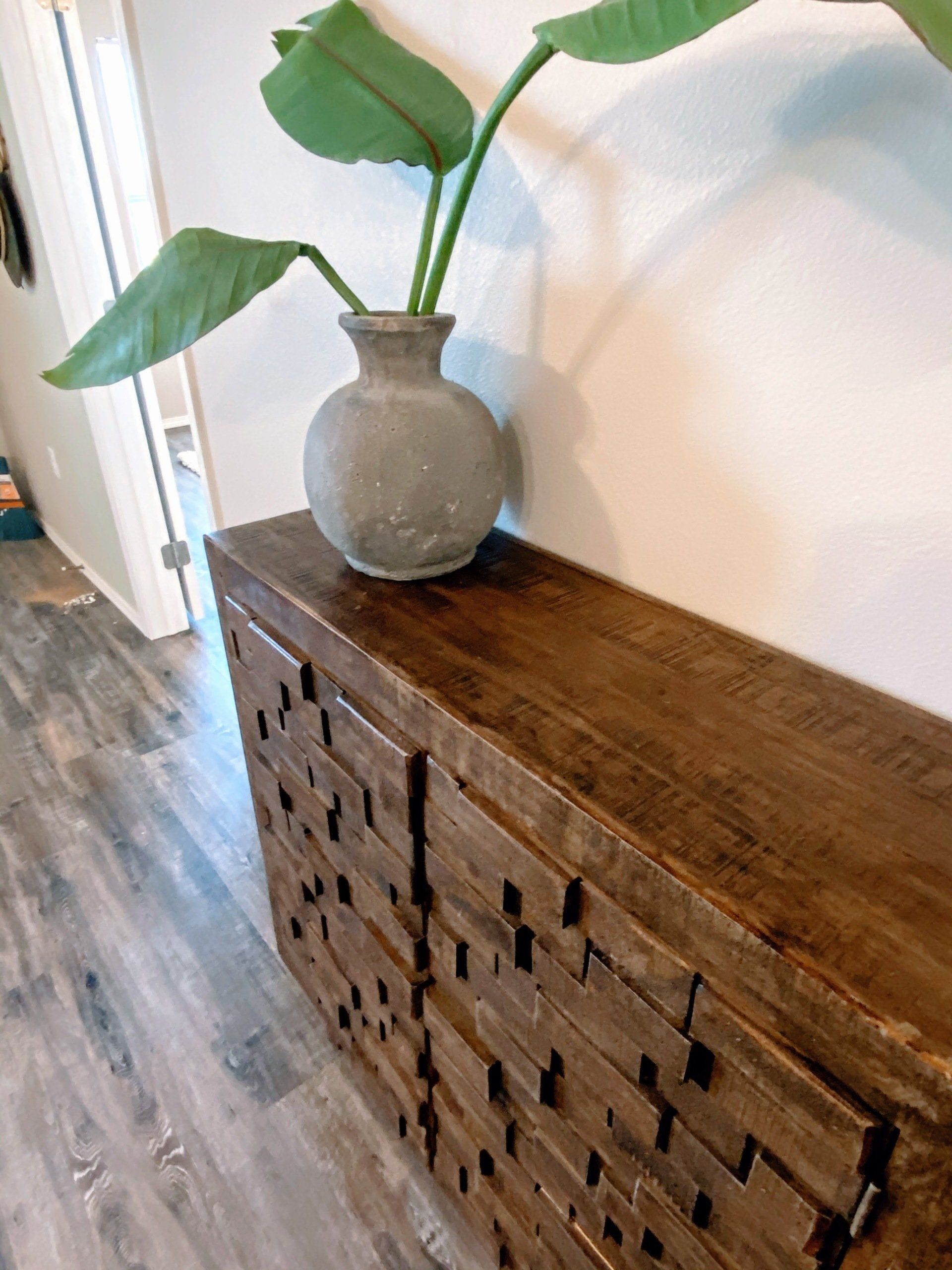 Close up photo of entryway table with an indoor plant