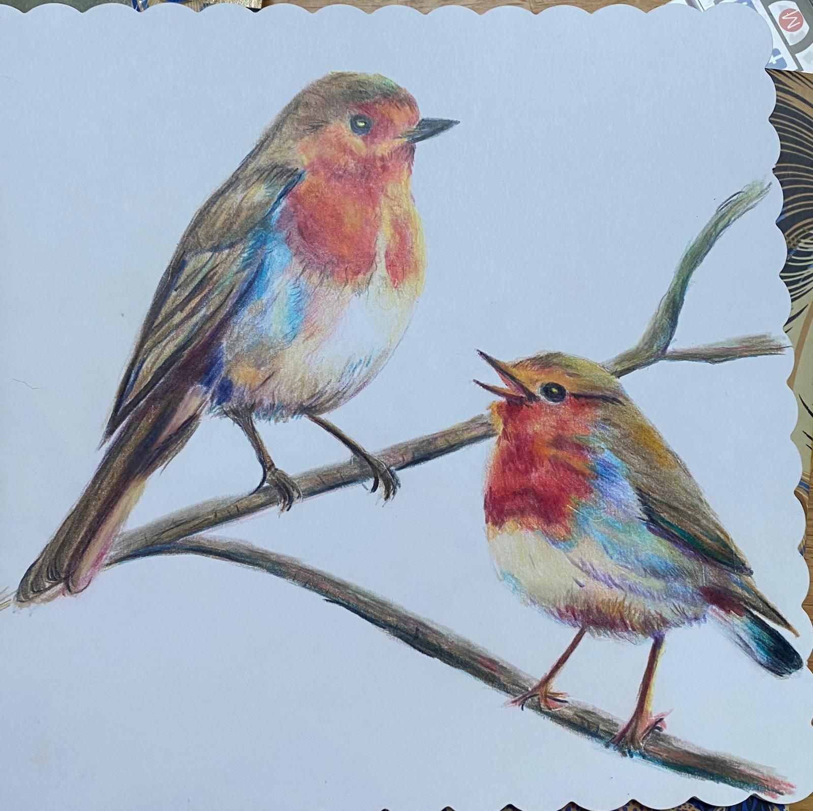Two European robins on a branch; one singing with open beak, both with red breasts and brown wings.