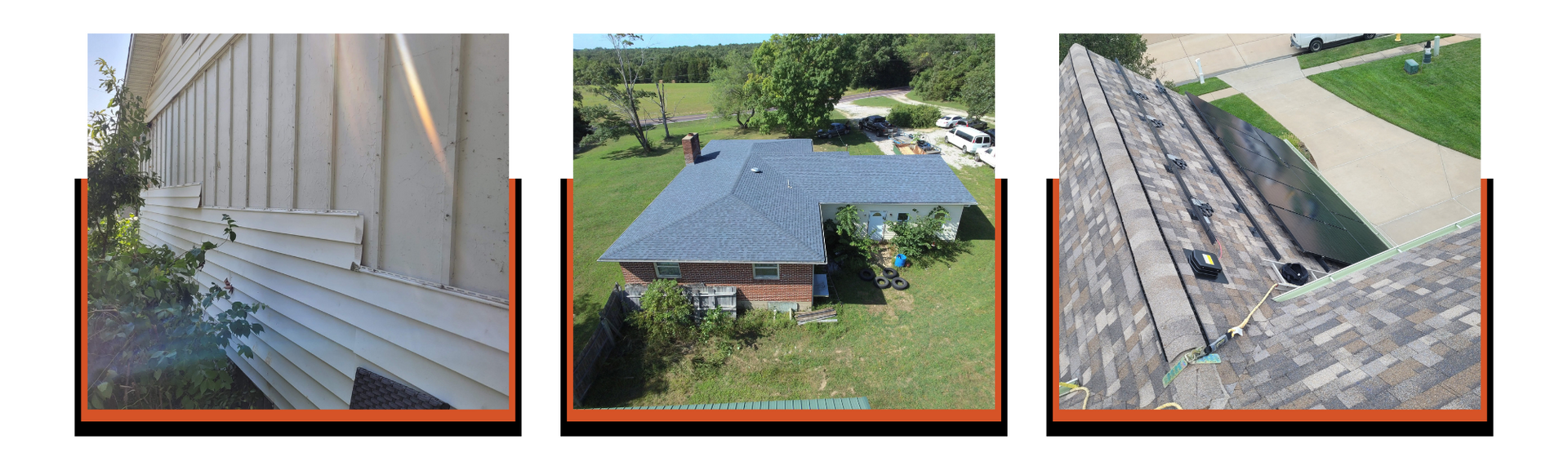 Three images: siding, rooftop with lawn, and rooftop close-up.
