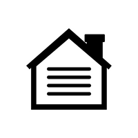 Orange house icon with chimney and horizontal lines within the house shape.
