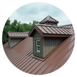 Brown metal roof with dormers, set against a backdrop of trees and a cloudy sky.