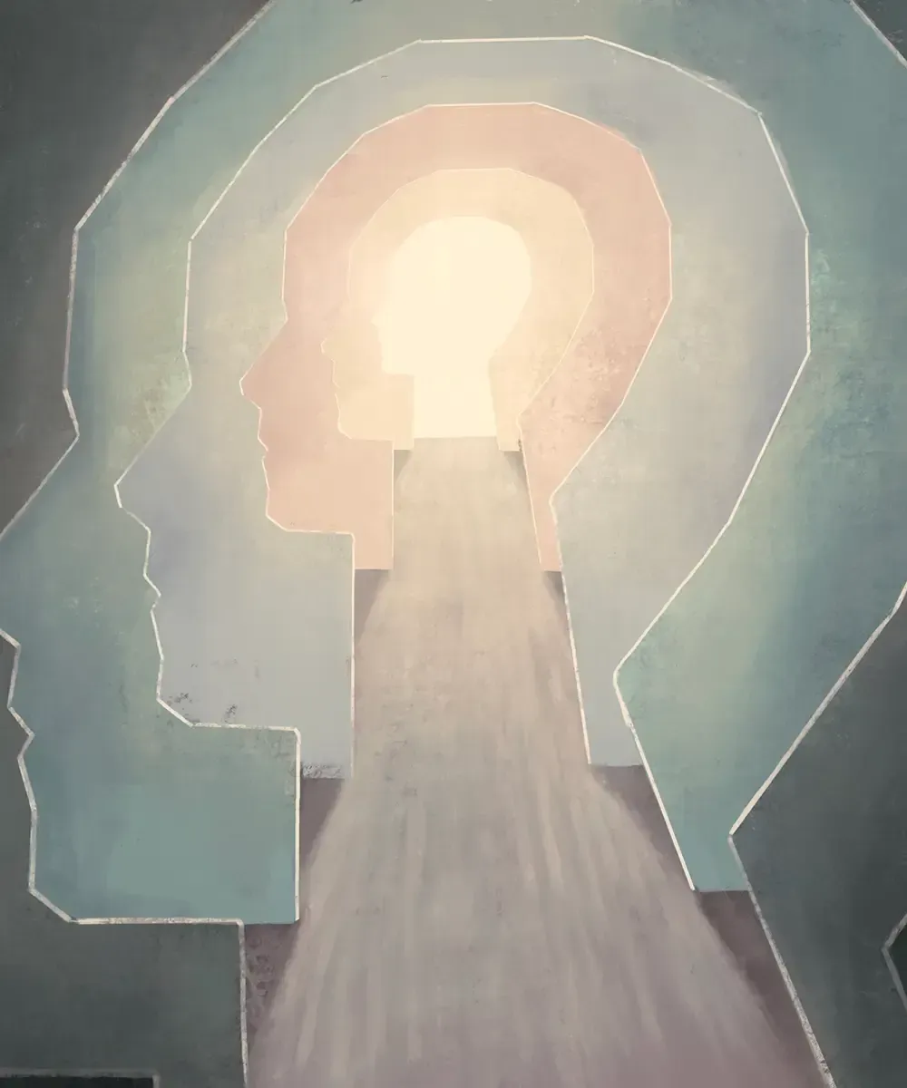 Una pintura de la cabeza de una persona con una luz saliendo de ella.
