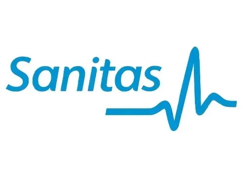 Un logotipo azul para Sanitas con una línea de latidos del corazón.