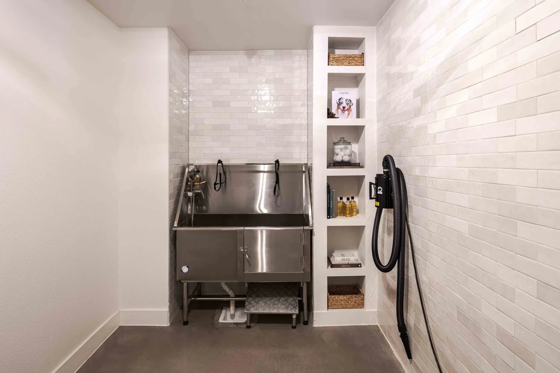 Dog grooming station with stainless steel tub and dryer.