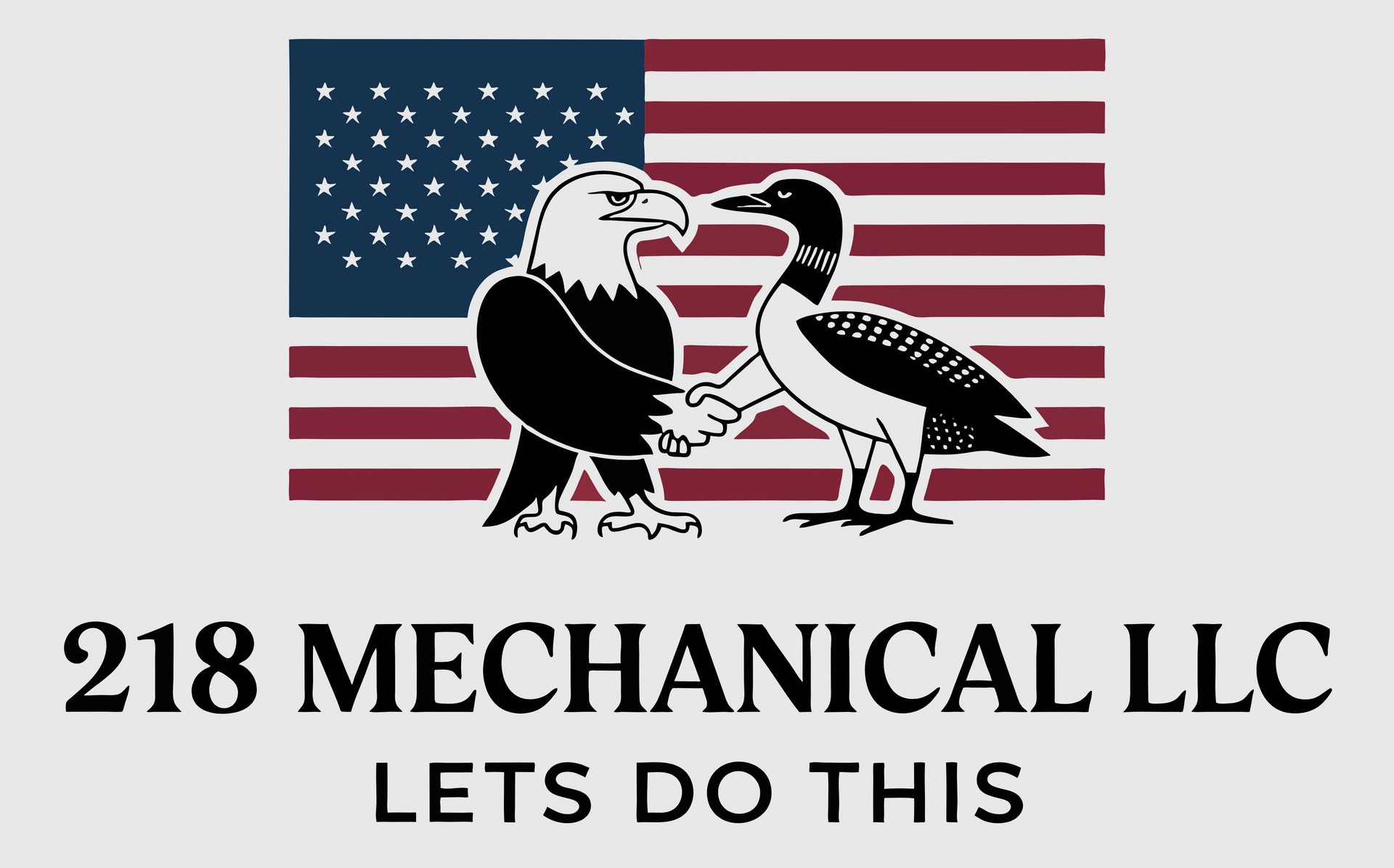 Logo: Bald eagle and loon shaking hands in front of the American flag, 